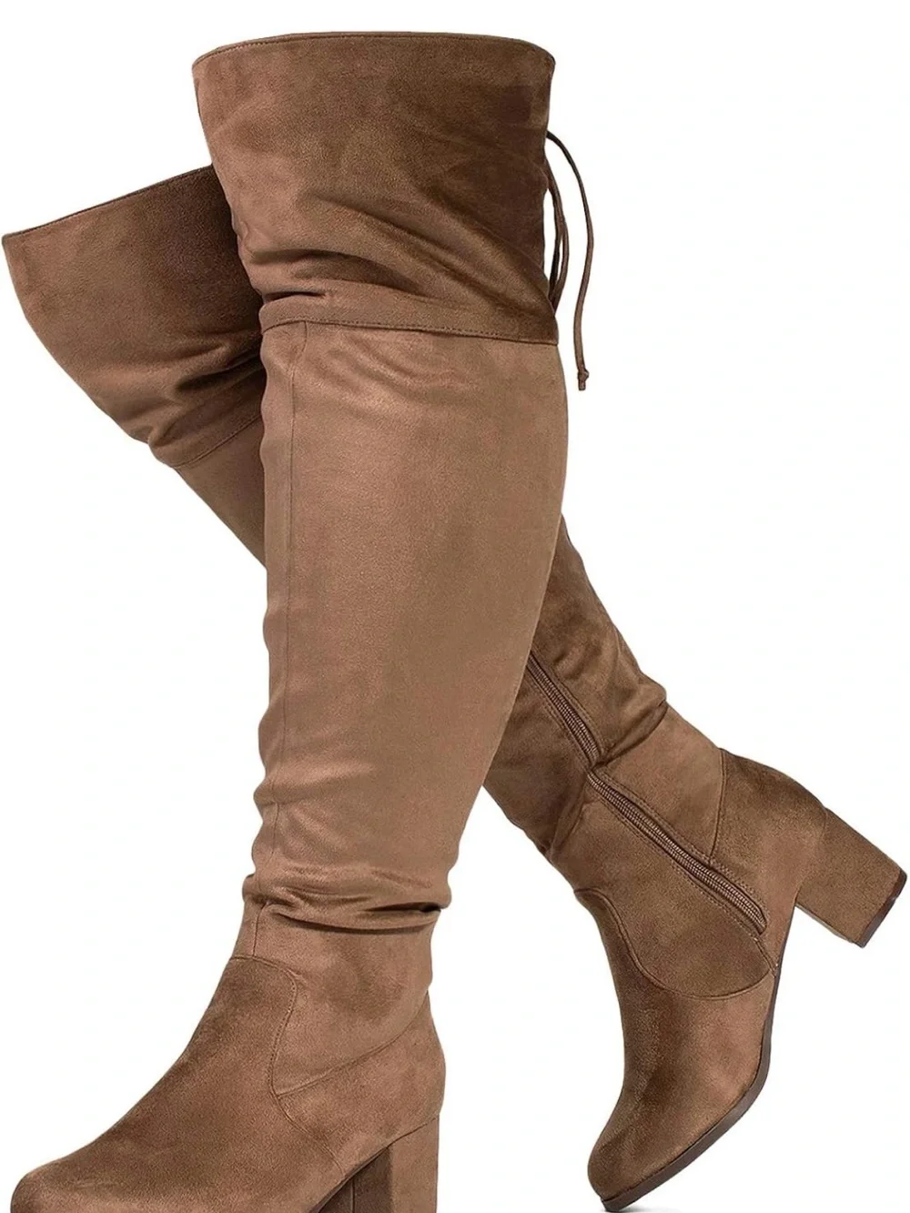 Over-the-Knee Suede Block Heel Boots - Taupe Brown